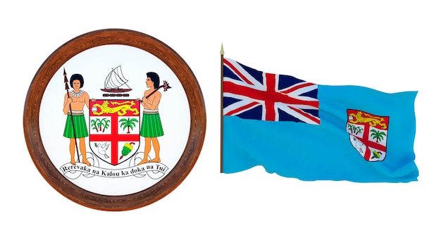 National flag and the coat of arms 3D illustration of Fiji