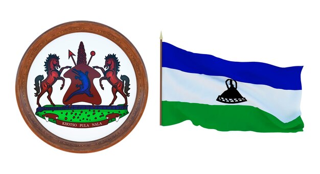 Photo national flag and the coat of arms 3d illustration of lesotho