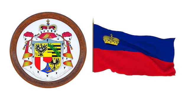 National flag and the coat of arms 3D illustration of Liechtenstein