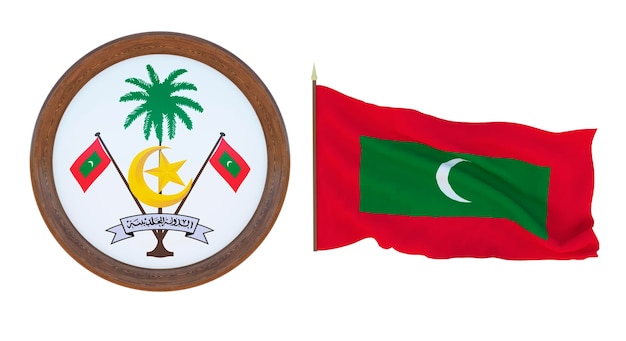 National flag and the coat of arms 3D illustration of Maldives