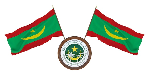 National flag and the coat of arms 3D illustration of Mauritania Background for editors and designers National holiday