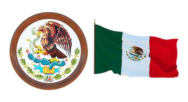 National flag and the coat of arms 3D illustration of Mexico