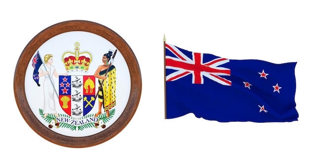 National flag and the coat of arms 3D illustration of New Zealand