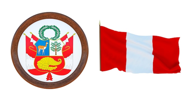 National flag and the coat of arms 3D illustration of Peru