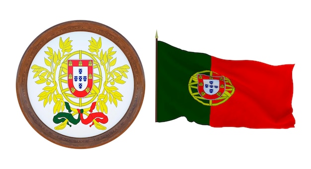 National flag and the coat of arms 3D illustration of Portugal