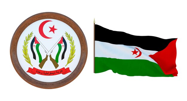 National flag and the coat of arms 3D illustration of Sahrawi Arab Democratic Republic