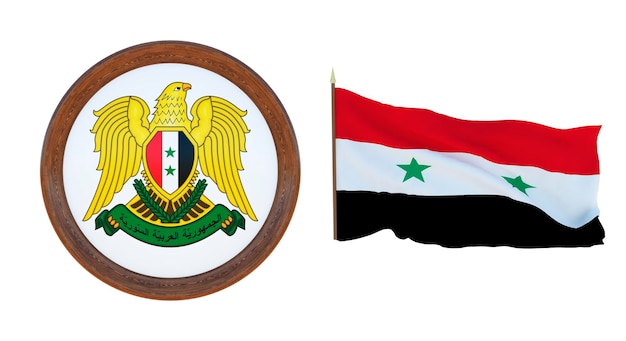 National flag and the coat of arms 3D illustration of Syria