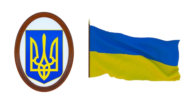 National flag and the coat of arms 3D illustration of Ukraine