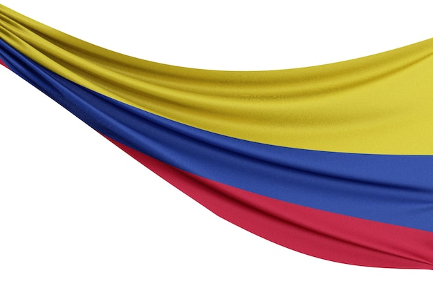 Foto la bandiera nazionale della colombia bandiera sventolante in tessuto con trama drappeggiata su un semplice sfondo bianco rendering 3d