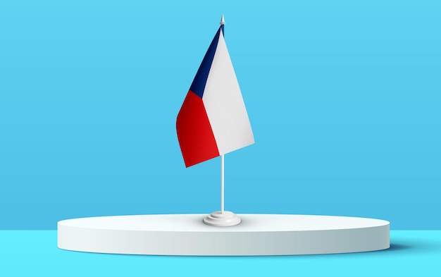 The National flag of czechre public on a podium and blue backkground.