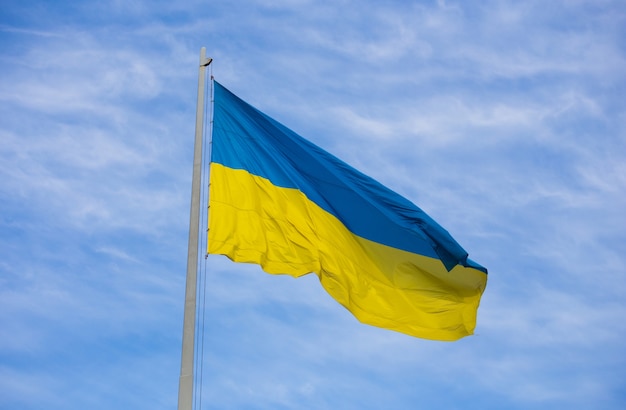 National flag of independent Ukraine waving in the wind