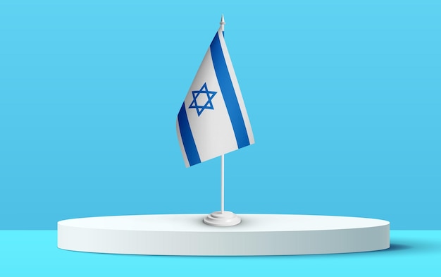 The National flag of israel on a podium and blue backkground.