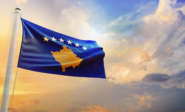 コソボ、孤立した 3 d の手を振る旗の国旗