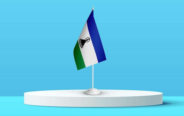 The National flag of lesotho on a 3D podium and blue backkground.