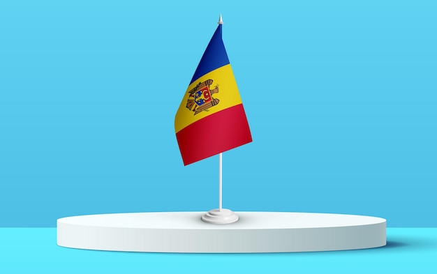 The National flag of moldov on a 3D podium and blue backkground.