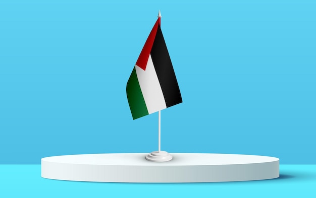 The National flag of palestine on a 3D podium and blue backkground.