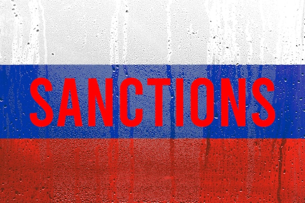 National Flag of Russia Concept sanctions against Russia financial economic restrictions for banks shutdown of international money transfers depreciation of currencies crisis in the economy