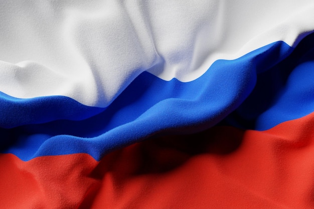 Государственный флаг России из текстиля крупным планом с мягким фокусом 3D иллюстрация Символ страны