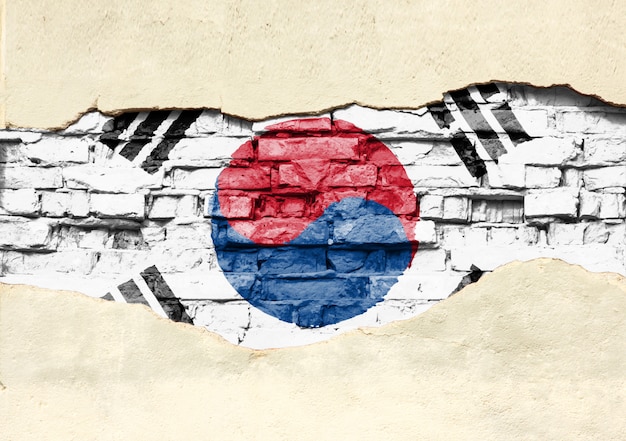 Национальный флаг Южной Кореи на фоне кирпича. Кирпичная стена с частично разрушенной штукатуркой, фона или текстуры.