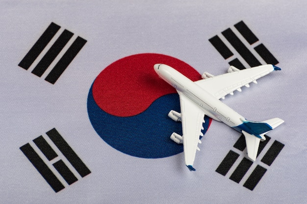 韓国の国旗と模型飛行機。検疫後のフライト再開