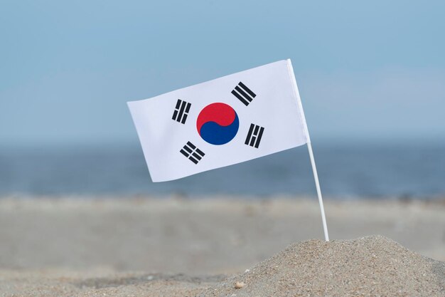 National flag of South Korea on sea background Flag on beach