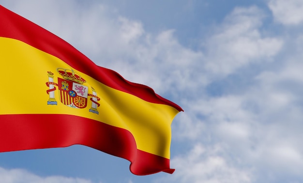 写真 雲の背景に国旗スペイン生地旗スペイン青い空を背景