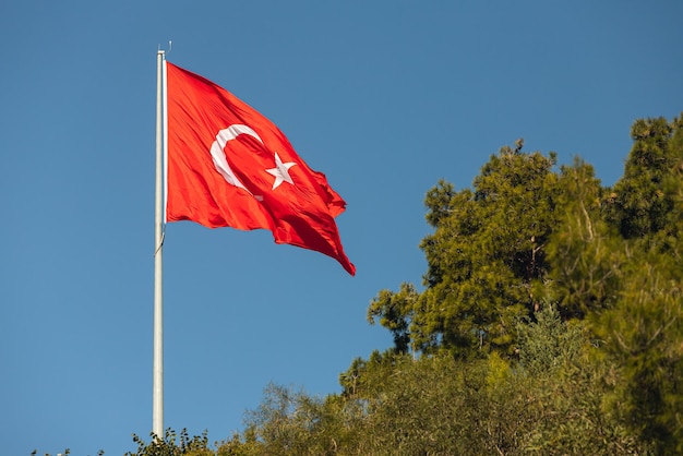 National flag of Turkey on a flagpole waving against a blue sky