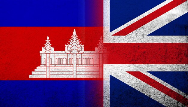 National flag of united kingdom great britain union jack with cambodia national flag grunge background