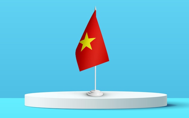 Photo the national flag of vietnam on a 3d podium and blue backkground.