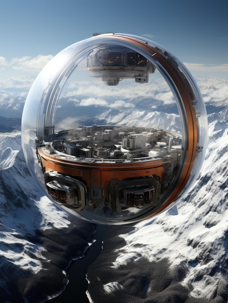 冬山の崖の上にある未来的な宇宙ステーションのナショナル ジオグラフィック写真