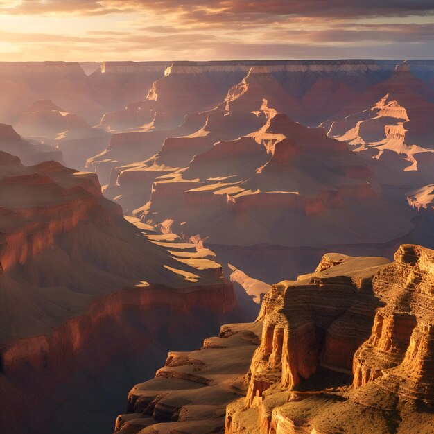 A National Geographicstyle photograph of the majestic Grand Canyon at sunrise with shadows dancin