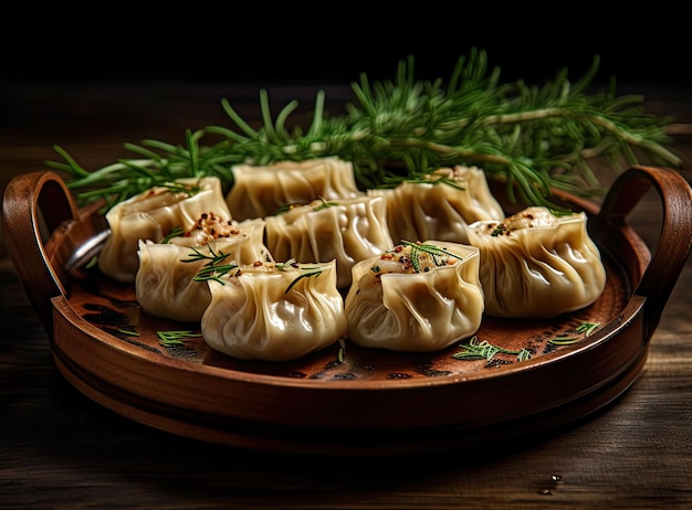 National Georgian cuisine Khinkali with meat Khinkali on a wooden board closeup