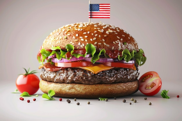 National Hamburger Month Juicy Grilled Hamburger with American Flag Toothpick