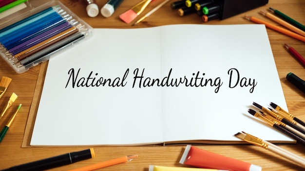 Photo national handwriting day january hand lettering inscription text on paper notepad with pens and