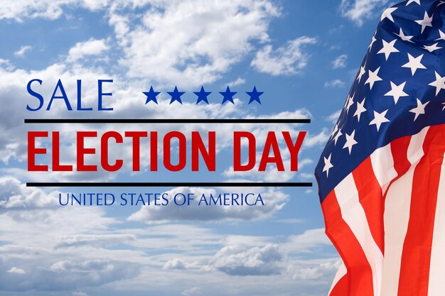 National holidays of United States of America. election day sale with flag of the USA on blue background. Concept of holiday shopping.