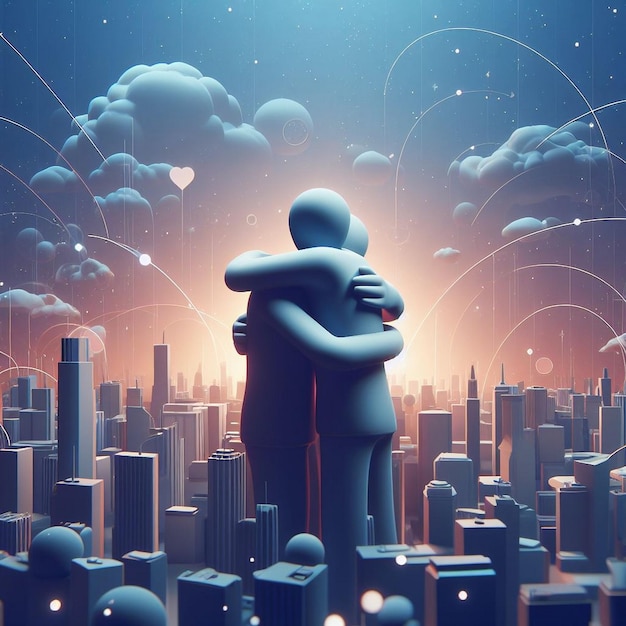 Национальный день объятий ИИ изображает двух персонажей, обнимающих друг друга Счастливого дня объятий