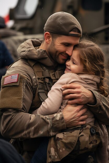 a National Hugging Day themed photo of a soldier returning home and embracing their family for the f