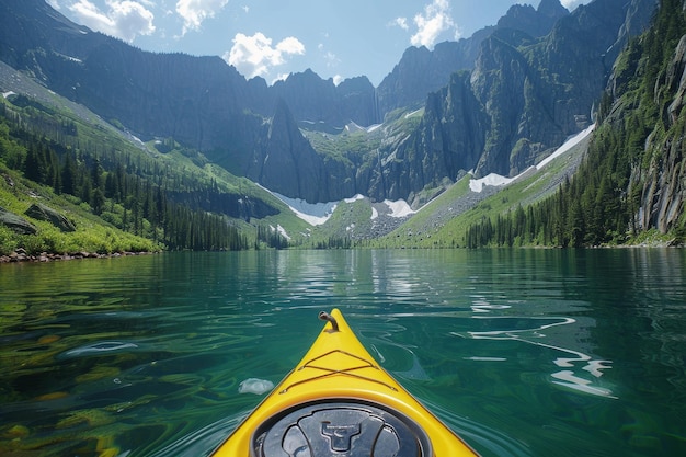 Foto parco nazionale in kayak su un lago di montagna cristallino