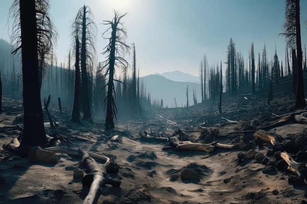 National Park With Charred Trees And Smoke Generative AI