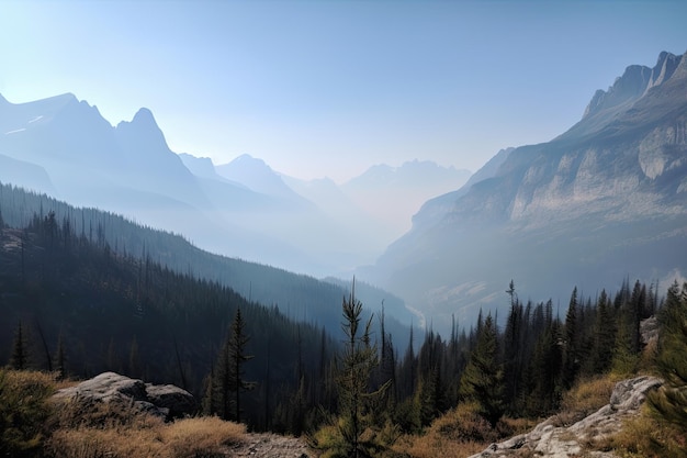 National park with view of majestic mountain range and smoggy haze obscuring the view