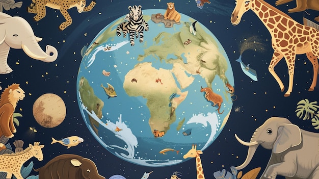 National Pet Day Illustration Concept A group of animals circle a globe Generative AI