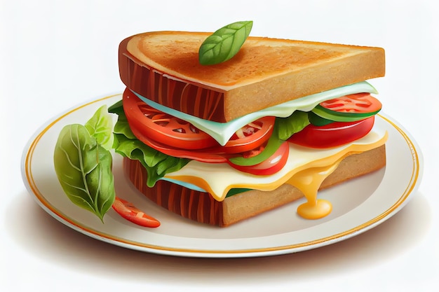 National sandwich day A delicious hearty sandwich with cheese tomato salad is on a plate