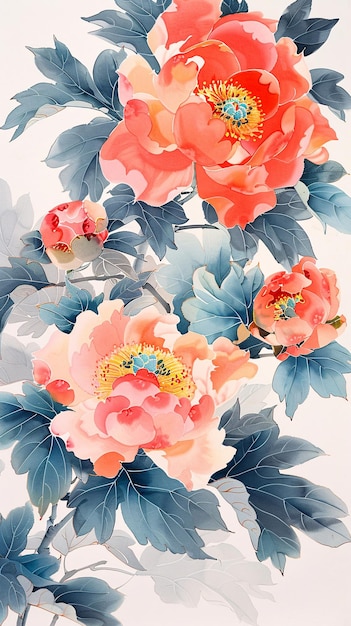 National trend peony flower Chinese style meticulous peony flower illustration