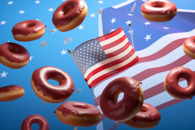 Nationale Donut-dag Een stapel donuts met chocolade die de vlag van de VS AI-generatie vliegt