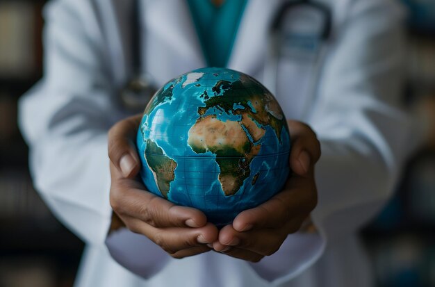 Foto nationale gezondheidsdag achtergrond met dokter met aardbol in hun hand