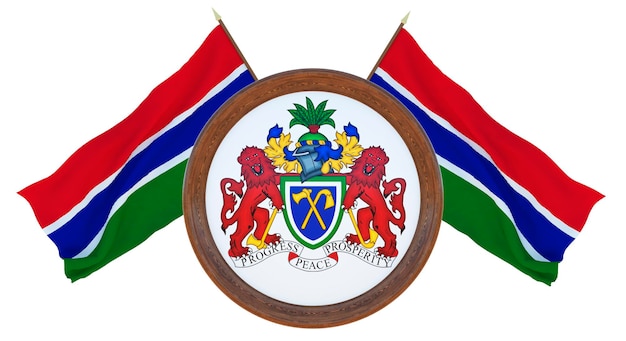 Nationale vlag en het wapen 3D illustratie van Barbados Achtergrond met vlag van Gambia