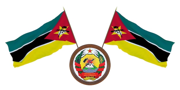 Nationale vlag en het wapen 3D illustratie van Mozambique Achtergrond voor redacteuren en ontwerpers Nationale feestdag