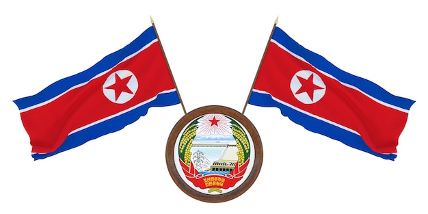 Nationale vlag en het wapen 3D illustratie van Noord-Korea Achtergrond voor redacteuren en ontwerpers Nationale feestdag