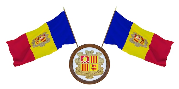 Nationale vlag en het wapen van Andorra Achtergrond voor redacteuren en ontwerpers Nationale feestdag 3D illustratie