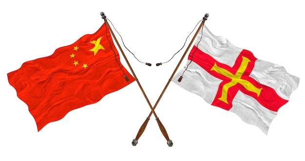 Nationale vlag van Bailiwick van Guernsey en China Achtergrond voor ontwerpers